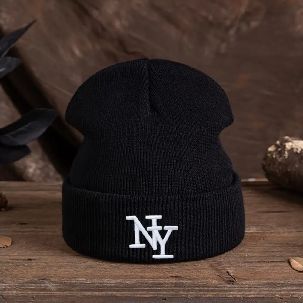 New York NY Logo Embroidered Beanie Hat Black or White Winter Knit Cap Unisex OS - Picture 2 of 4